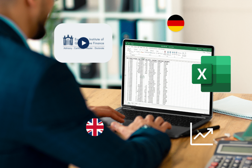 Person arbeitet mit Excel an Finanzdaten, unterstützt durch Lernvideos und zweisprachige Derivate-Lehrinhalte (Deutsch & Englisch), Symbolik für praxisorientiertes Finanzlernen.