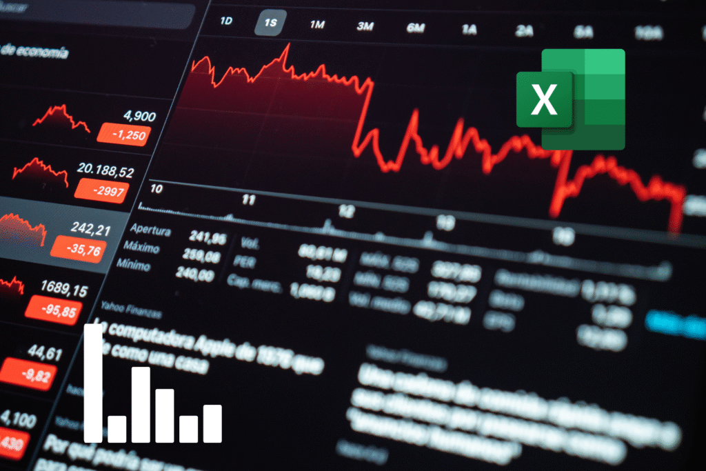 Rotes Börsendiagramm mit fallenden Kursen und Excel-Symbol – Visualisierung des Downside-Risikos in Unternehmen.