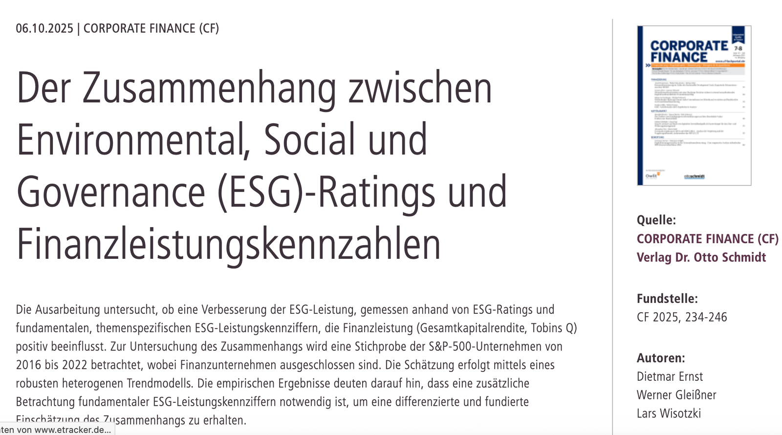 ZUSAMMENHANG ZWISCHEN ESG UND FINANZLEISTUNGSKENNZAHLEN
